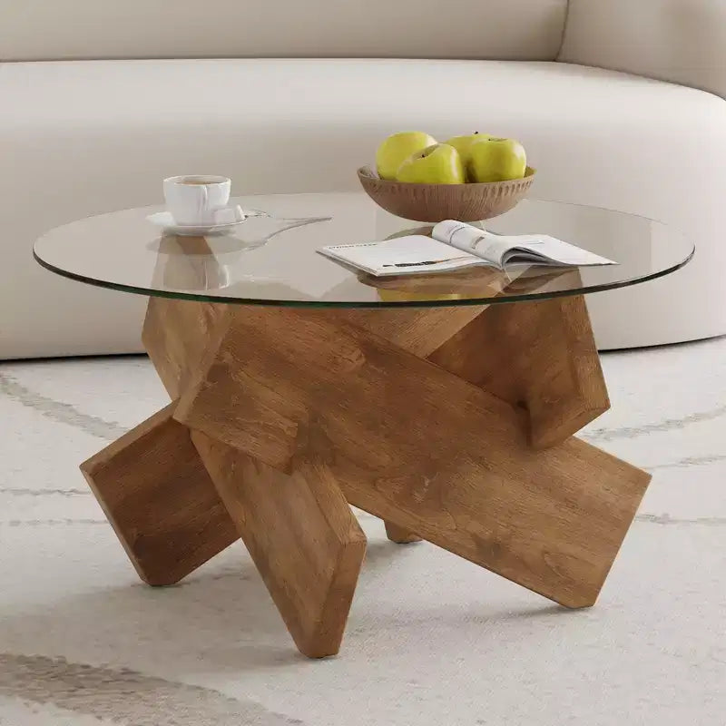Table basse circulaire moderne en verre Okak, petite table à thé au design distinctif avec pieds en bois pour salon, réception, bureau, fermes