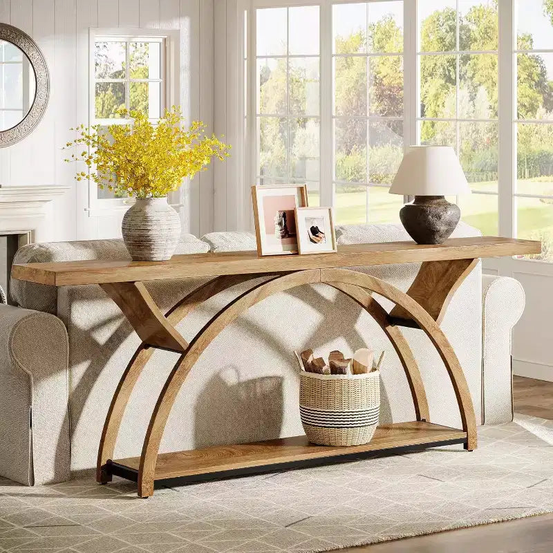 70.87 Table console industrielle avec étagères de rangement à 2 niveaux, marron clair