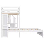 Lit superposé double en bois avec bureau et escalier, lit mezzanine double en L avec rangements et étagères