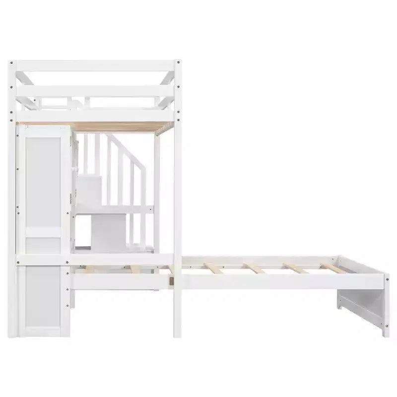 Lit superposé double en bois avec bureau et escalier, lit mezzanine double en L avec rangements et étagères
