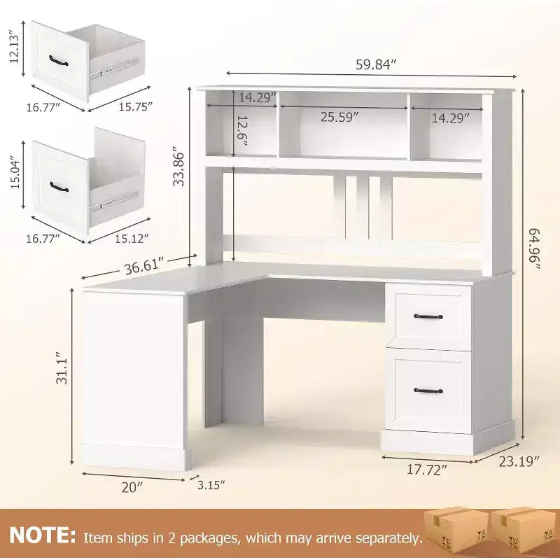 Zevemomo Bureau d'angle en L de 60 po avec huche et tiroirs, bureau d'ordinateur en coin avec étagères de rangement ouvertes, pour bureau à domicile ou chambre à coucher, blanc moderne