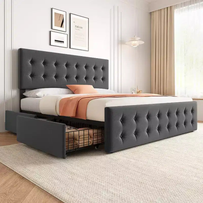 Letto contenitore con 4 cassetti e testiera regolabile - Base letto imbottita