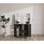 Coiffeuse d'angle avec lumières, table de maquillage avec prise de courant et tiroirs rotatifs pour chambre à coucher