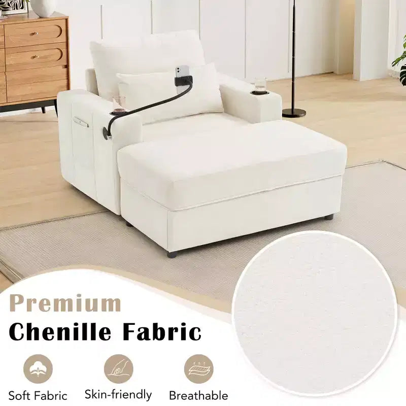 Chaise longue convertible avec pouf de rangement mobile, assise profonde