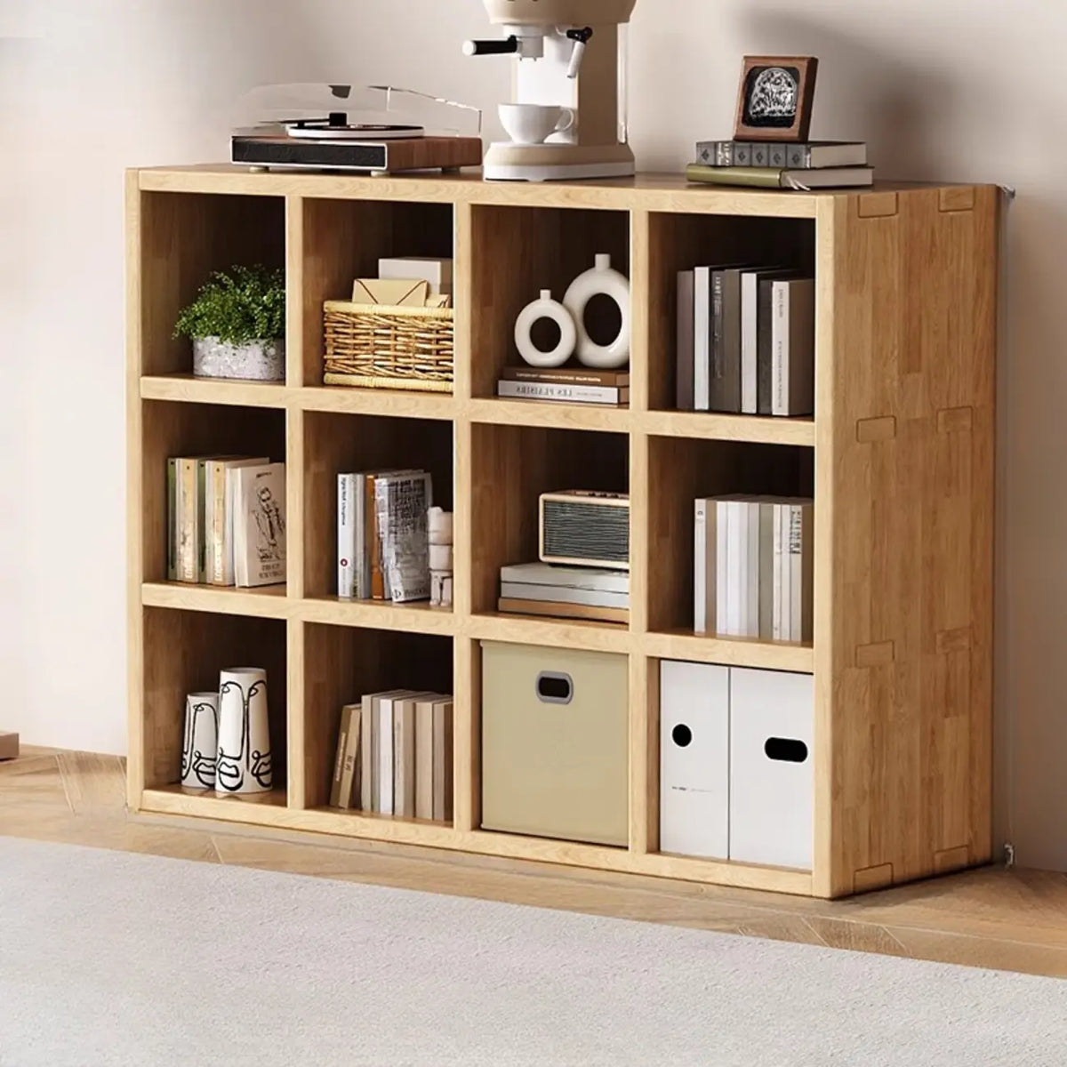 Libreria moderna orizzontale in legno a 8 cubi, finitura naturale