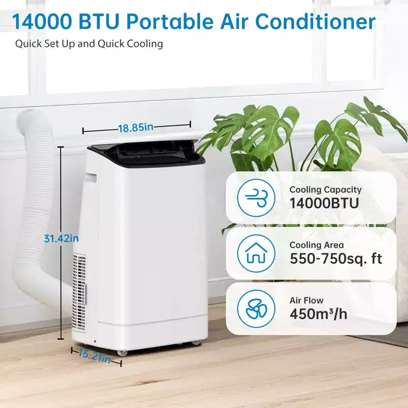 Climatiseur portable Acekool 14000 BTU, unité de climatisation 3-en-1 avec Wi-Fi, refroidit et chauffe jusqu'à 65 m², télécommande, pour salon/camping-car/espace de travail