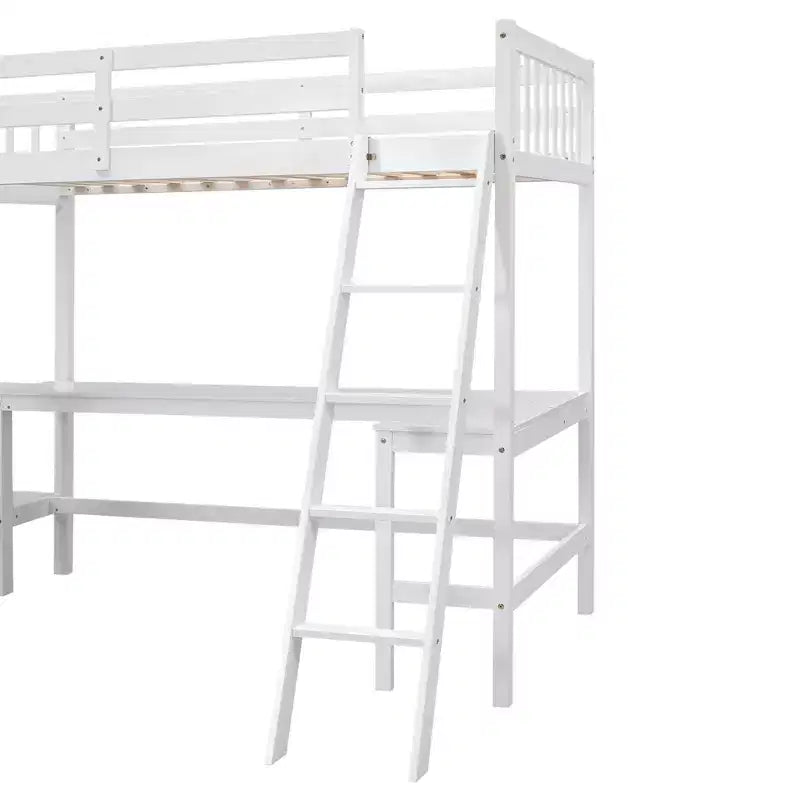 Letto a soppalco a L matrimoniale in legno da 119''L 79.5''W con scaletta e 2 scrivanie a L integrate