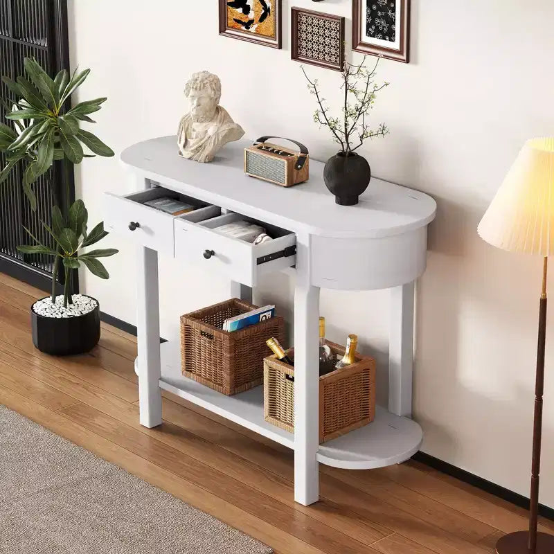 Table console élégante Okak avec finition lisse, table d'entrée avec design incurvé et 2 tiroirs, table d'appoint pour salon, couloir