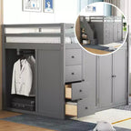 Lit mezzanine pleine taille Teddy Fleece avec étagère de rangement et tiroirs, lit mezzanine haut en bois avec bureau polyvalent pour chambre à coucher