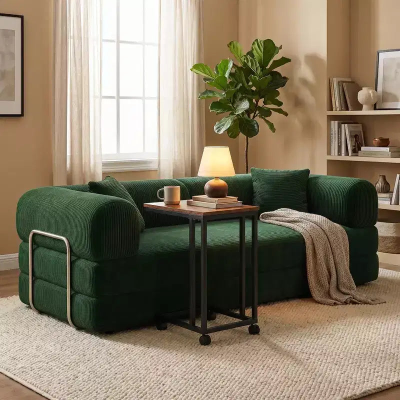Divano Letto Convertibile FurnitureR con Set Tavolino Laterale su Ruote, Divano Moderno in Velluto a Coste con Tavolino per Snack Movibile per Soggiorno, Appartamento, Spazi Piccoli