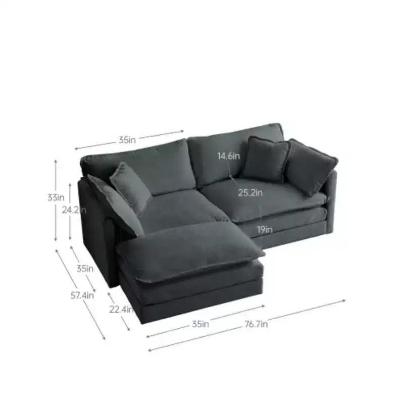 Divanetto in ciniglia con pouf e poggiapiedi: ideale per piccoli spazi