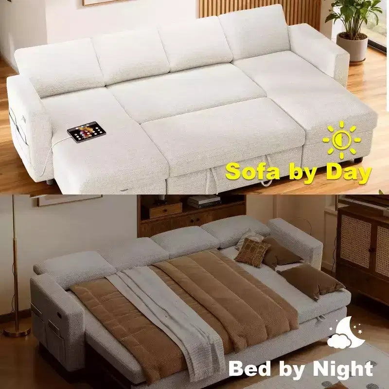 Dyonery Canapé-lit escamotable à quatre places de 267 cm avec rangement, poches latérales, dossier réglable, convertible