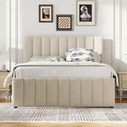 Lit plateforme rembourré pleine grandeur avec lit gigogne double et 3 tiroirs, tissu de lin, beige