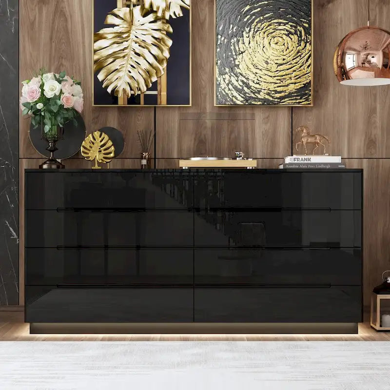 Comò lucido 63" con luce, con 8 cassetti e ampio piano d'appoggio