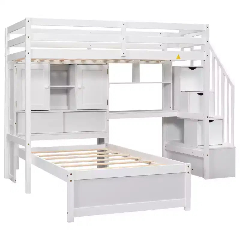Lit superposé double en bois avec bureau et escalier, lit mezzanine double en L avec rangements et étagères