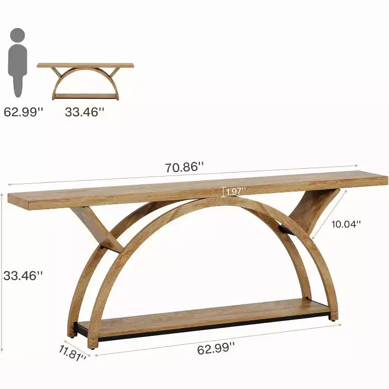 70.87 Table console industrielle avec étagères de rangement à 2 niveaux, marron clair