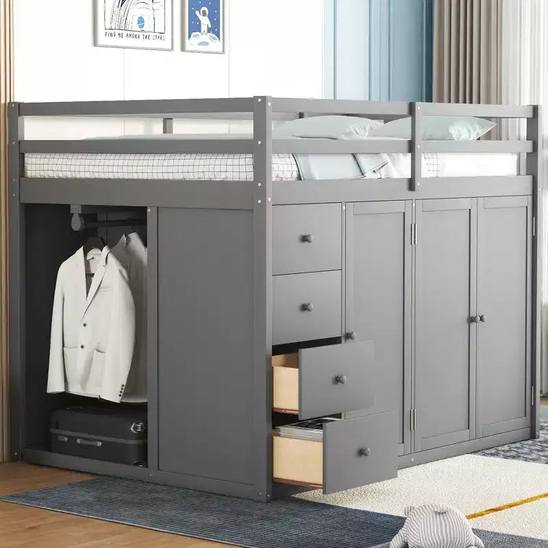 Letto a soppalco intero in pile orsetto con mensola portaoggetti e cassetti, letto a soppalco alto in legno con scrivania versatile per camera da letto