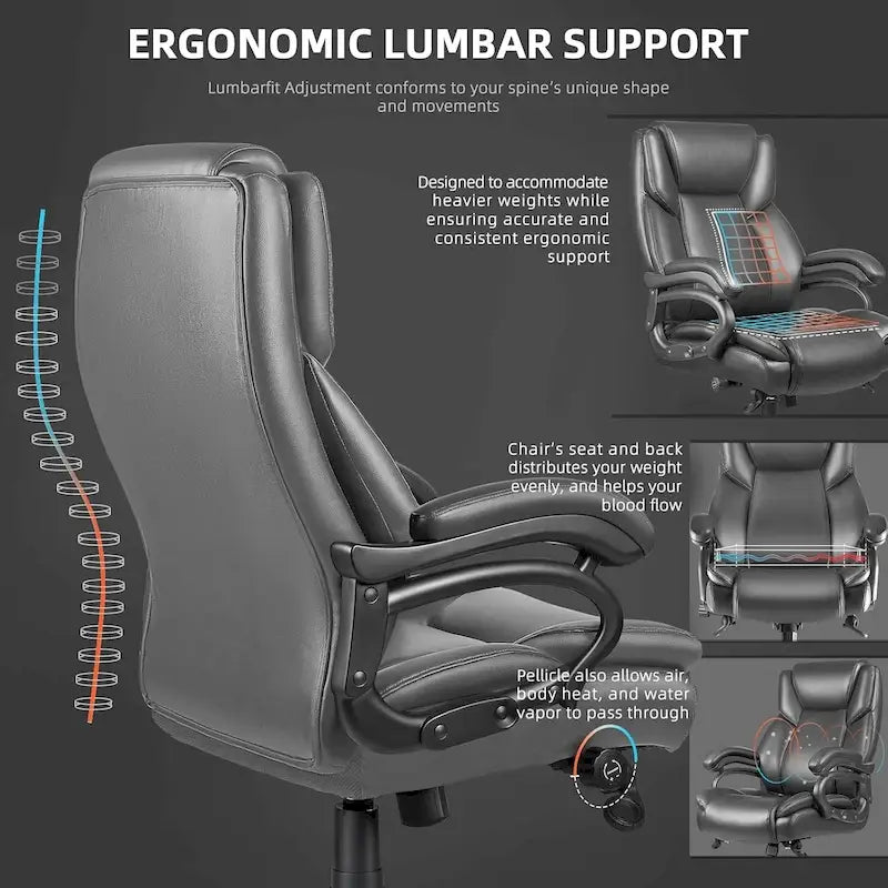Sedia da Ufficio Direzionale Bossin Extra Large, 500 libbre, Ergonomica con Supporto Lombare Regolabile, Schienale Alto in Pelle PU, per Computer