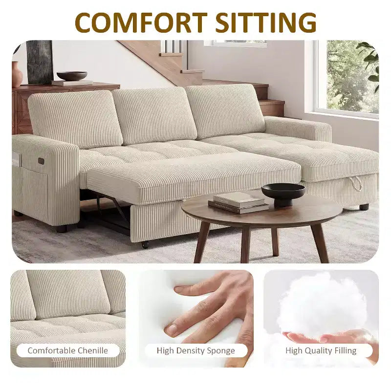 Divano Letto, Divano Estraibile a L da 81 pollici con Chaise Longue Reversibile e Contenitore/Porta USB/Tasca Laterale/Montaggio Senza Attrezzi, Velluto a Coste Beige