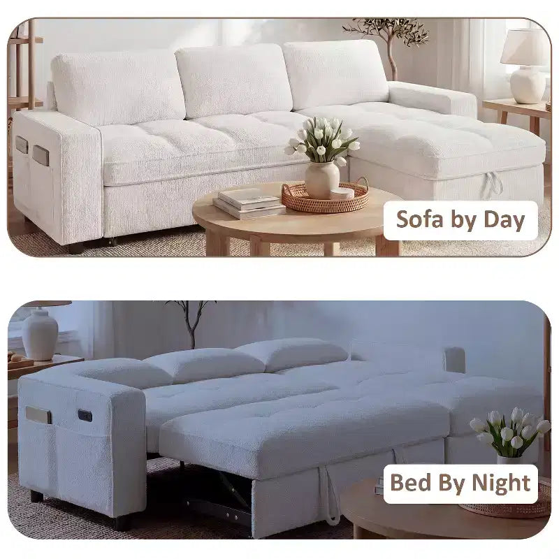 Divano Letto, Divano Estraibile a L da 81 pollici con Chaise Longue Reversibile e Contenitore/Porta USB/Tasca Laterale/Montaggio Senza Attrezzi, Velluto a Coste Beige