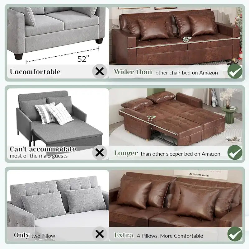 AECOJOY Divano Letto 3 in 1, Letto Singolo Convertibile
