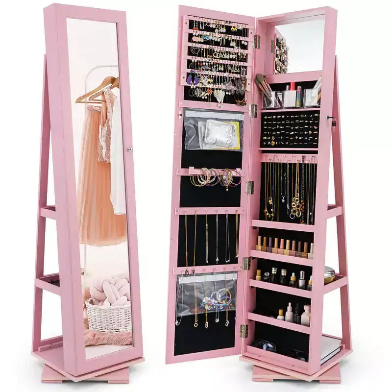 Costway Armoire à bijoux rotative à 360° 2-en-1 Organiseur miroir verrouillable Blanc/Noir/Marron foncé/Gris/Bleu/Rose/Violet/Gris foncé