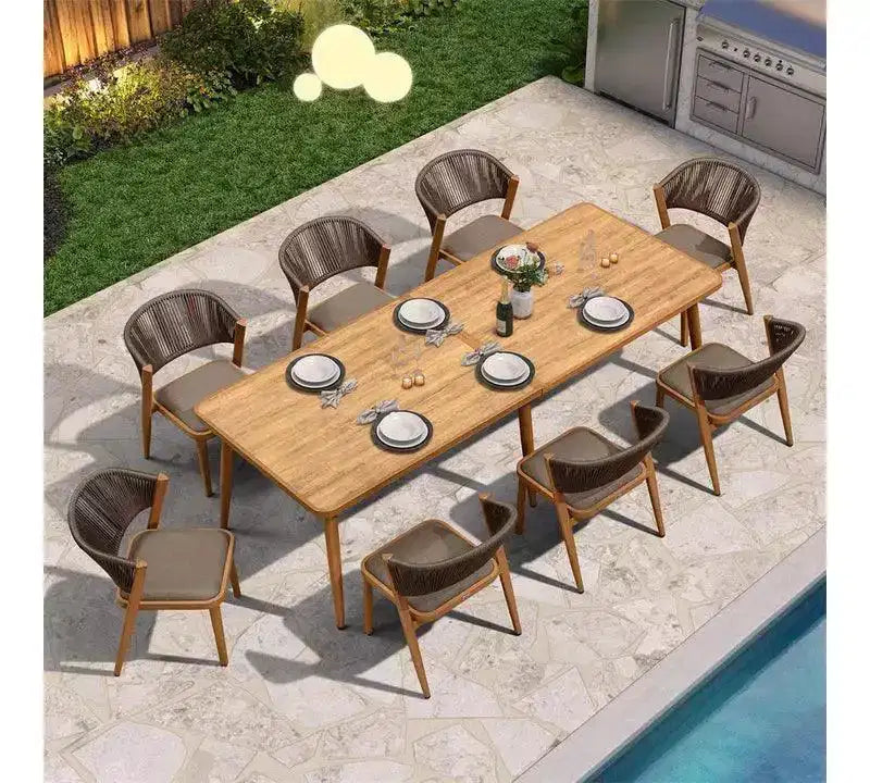 Set da pranzo da esterno PURPLE LEAF in vimini resistente alle intemperie, mobili da esterno con tavolo e struttura interamente in alluminio per prato, giardino, cortile e ponte, con cuscini