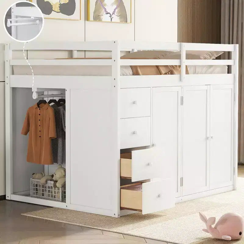 Lit mezzanine pleine taille Teddy Fleece avec étagère de rangement et tiroirs, lit mezzanine haut en bois avec bureau polyvalent pour chambre à coucher