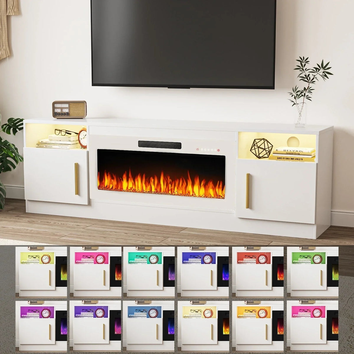 Mobile TV Bossin 70" con caminetto elettrico 36", Mobile TV per televisori fino a 80", 16 colori LED/Centro di intrattenimento