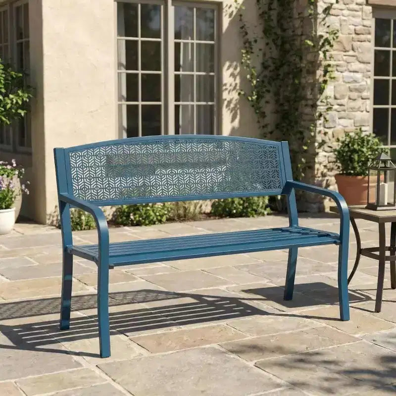 Panca in metallo per esterni a 2 posti per giardino, mobile con panchine in acciaio con schienale geometrico per patio, giardino e portico