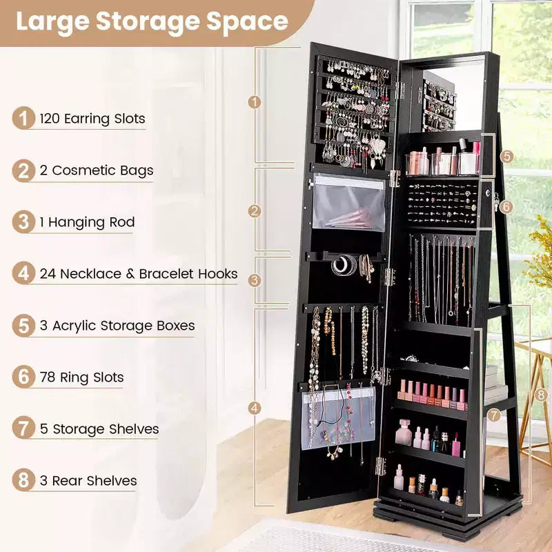Costway Armoire à bijoux rotative à 360° 2-en-1 Organiseur miroir verrouillable Blanc/Noir/Marron foncé/Gris/Bleu/Rose/Violet/Gris foncé