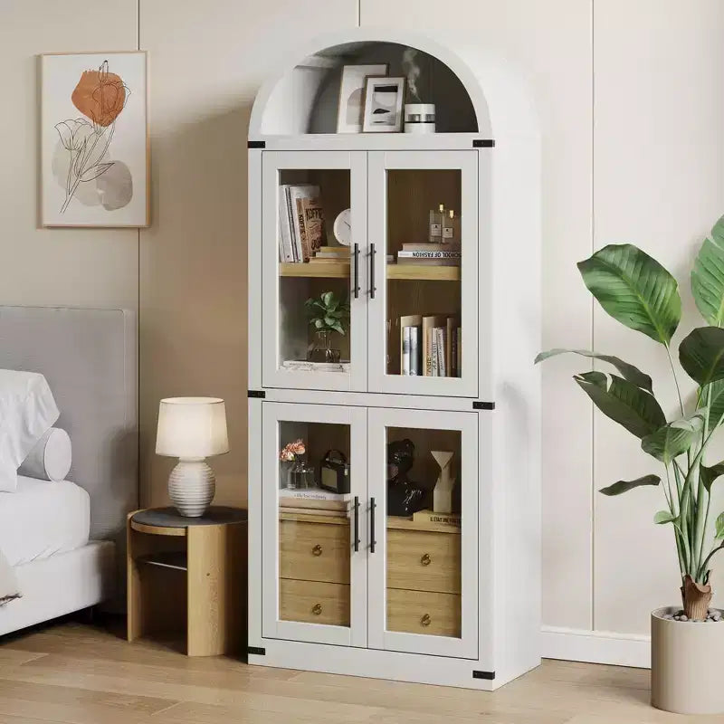 Libreria alta ad arco GustoWave 71.4 con 4 ante e 2 cassetti, armadietto espositivo profondo 15.8 con ripiani, scaffale in legno