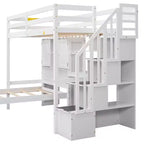 Lit superposé double en bois avec bureau et escalier, lit mezzanine double en L avec rangements et étagères