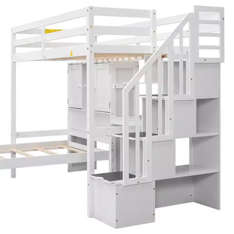 Lit superposé double en bois avec bureau et escalier, lit mezzanine double en L avec rangements et étagères