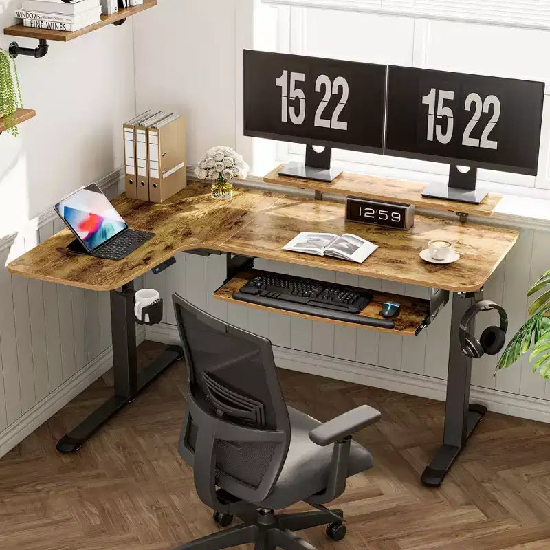 Bureau assis-debout en forme de L EUREKA ERGONOMIC 60x23 avec accessoires