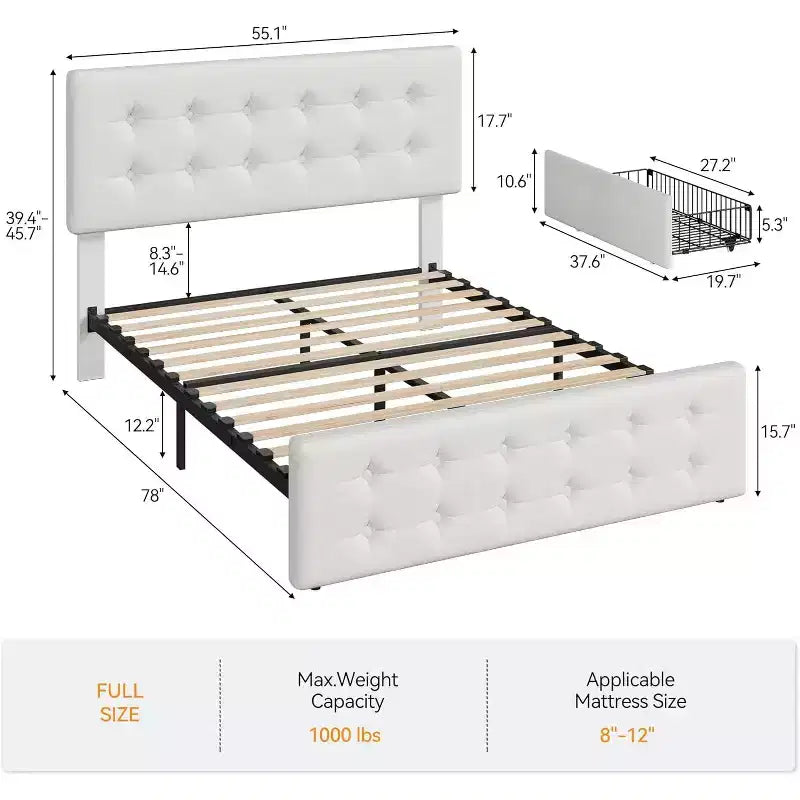 Lit coffre avec 4 tiroirs et tête de lit réglable - Lit plateforme rembourré