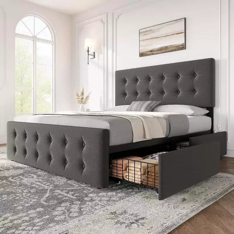 Letto contenitore con 4 cassetti e testiera regolabile - Base letto imbottita