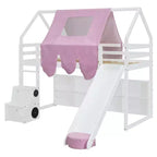 Lit mezzanine bas pour enfants avec toboggan et étagères de rangement, cadre de lit mezzanine en bois avec tente et escaliers