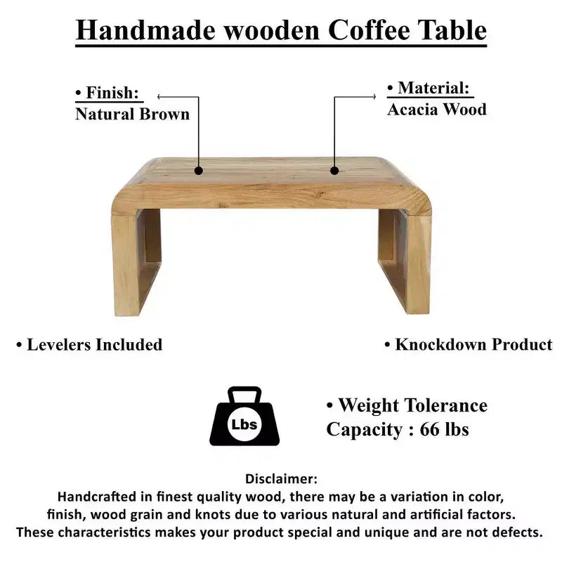 Tavolino da caffè Royal Hampton, in legno di acacia naturale lavorato a mano, rettangolare con piano ricurvo a cascata, 91 cm
