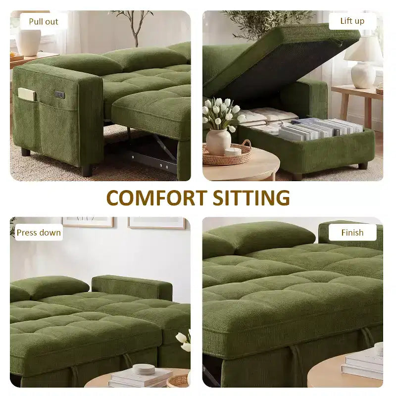 Divano Letto, Divano Estraibile a L da 81 pollici con Chaise Longue Reversibile e Contenitore/Porta USB/Tasca Laterale/Montaggio Senza Attrezzi, Velluto a Coste Beige