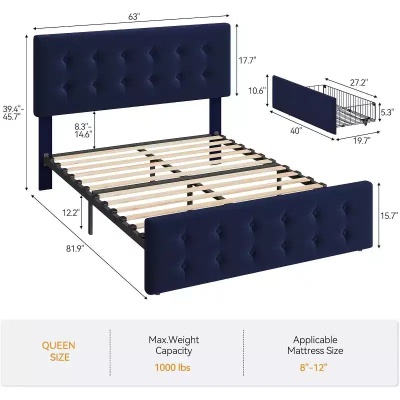 Lit coffre avec 4 tiroirs et tête de lit réglable - Lit plateforme rembourré