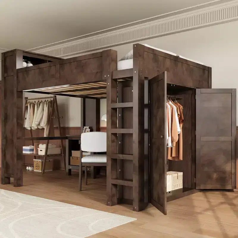 Lit mezzanine Whisen Wooden Queen avec armoire et bureau, tête de lit intégrée avec rangement