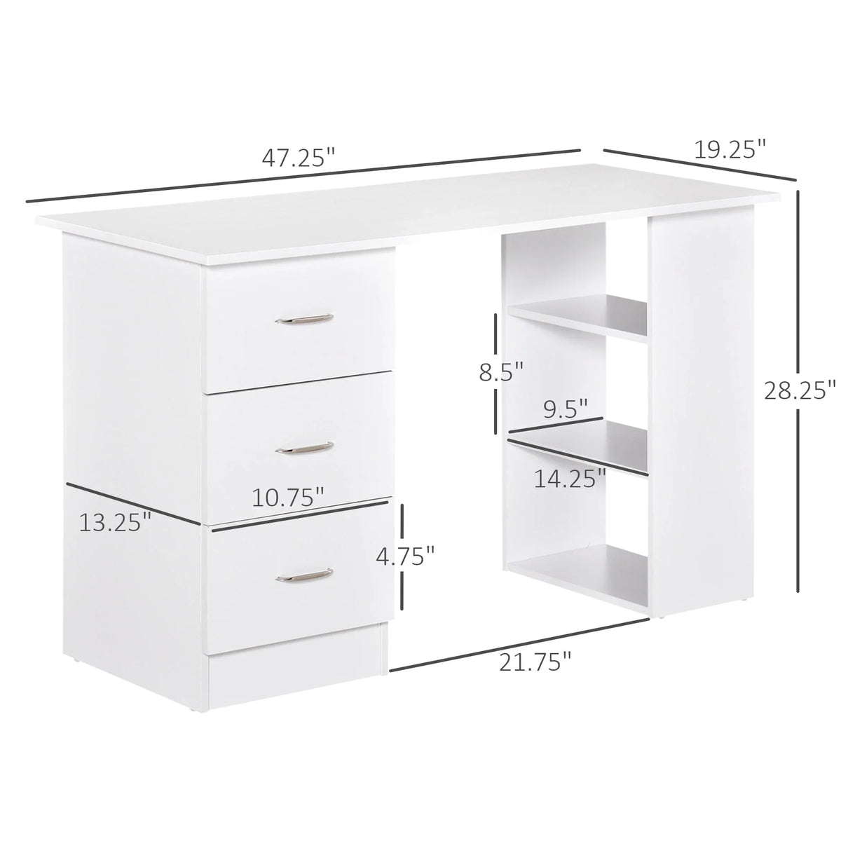 HOMCOM 47" Scrivania per Computer da Ufficio Moderna con Libreria, Tavolo da Scrittura Workstation con 3 Cassetti e Ripiano - Bianco