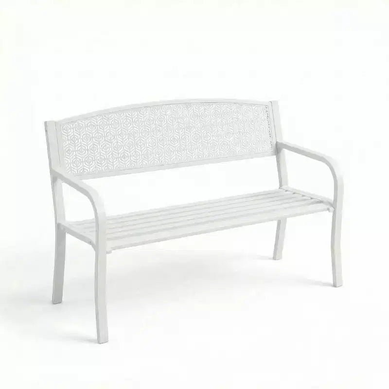 Panca in metallo per esterni a 2 posti per giardino, mobile con panchine in acciaio con schienale geometrico per patio, giardino e portico