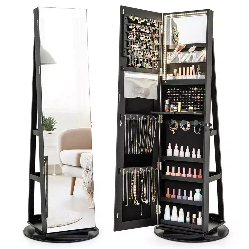 Costway Armoire à bijoux rotative à 360° avec miroir, 3 modes de couleur LED, verrouillable, noir