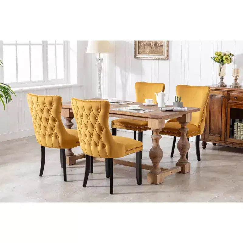 Set di 2 sedie da pranzo imbottite in velluto con borchie e gambe in legno - Stile retrò, seduta confortevole per sala da pranzo e cucina