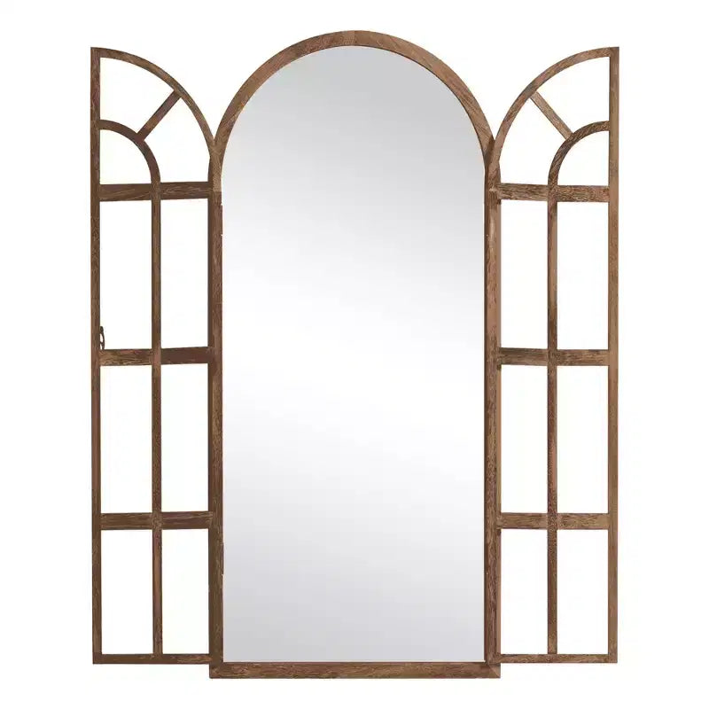 Miroir mural pleine longueur, design cintrée à grille en bois massif, ouvrable, sans support