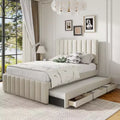 Lit plateforme rembourré pleine grandeur avec lit gigogne double et 3 tiroirs, tissu de lin, beige