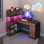Scrivania per computer a L da 47" con 6 cassetti e mensole a 5 ripiani, scrivania angolare reversibile da gaming con luci LED e prese di corrente