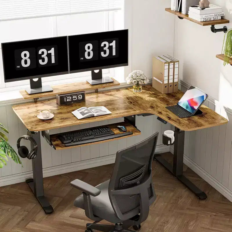 Bureau assis-debout en forme de L EUREKA ERGONOMIC 60x23 avec accessoires